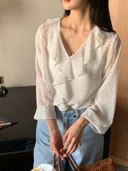 Botanical Ruffle Chiffon Blouse |  花卉荷葉邊氣質上衣