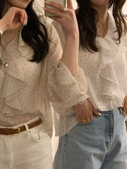 Botanical Ruffle Chiffon Blouse |  花卉荷葉邊氣質上衣