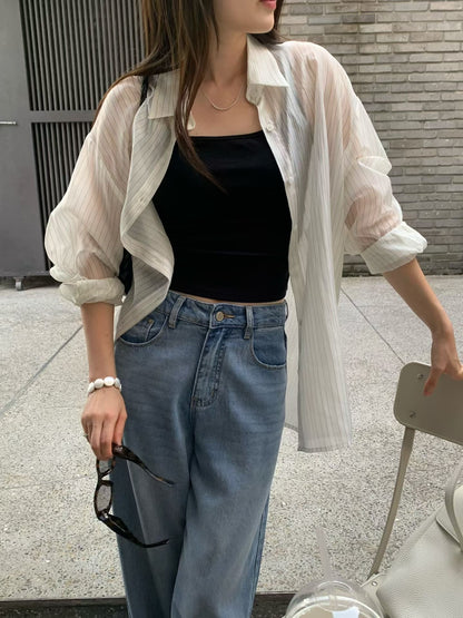 Airy Sheer Boyfriend Striped Shirt | 知性美男友風透膚條紋襯衫