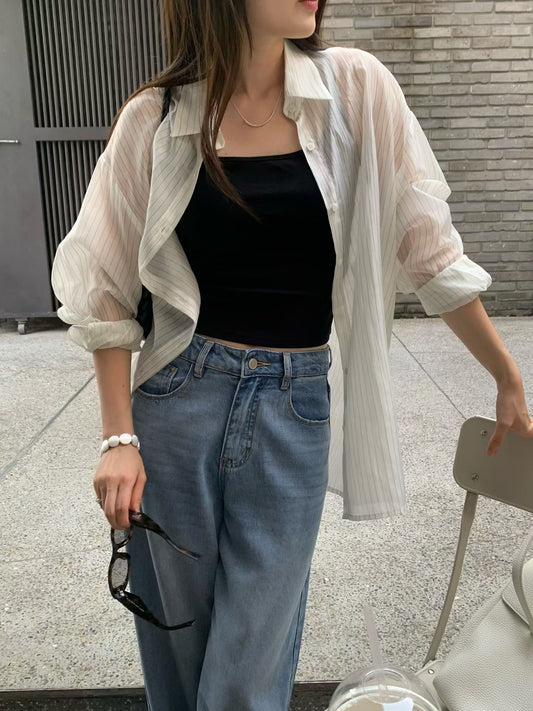 Airy Sheer Boyfriend Striped Shirt | 知性美男友風透膚條紋襯衫