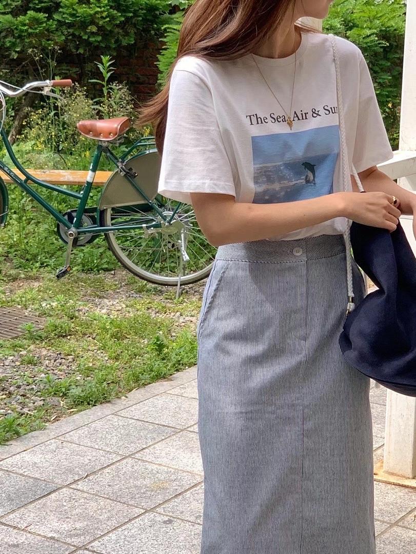 French Vibe Striped Pencil Midi Skirt | 法式風情直紋中長裙