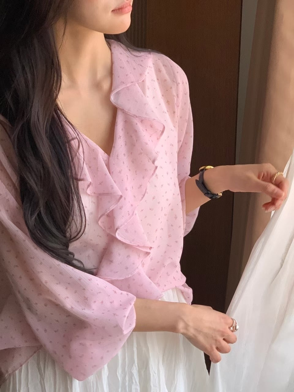 Botanical Ruffle Chiffon Blouse |  花卉荷葉邊氣質上衣