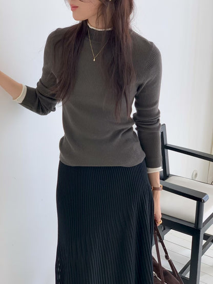 Contrast Detailing Basic Mock Neck Top | 拼色飾邊中領基礎上衣
