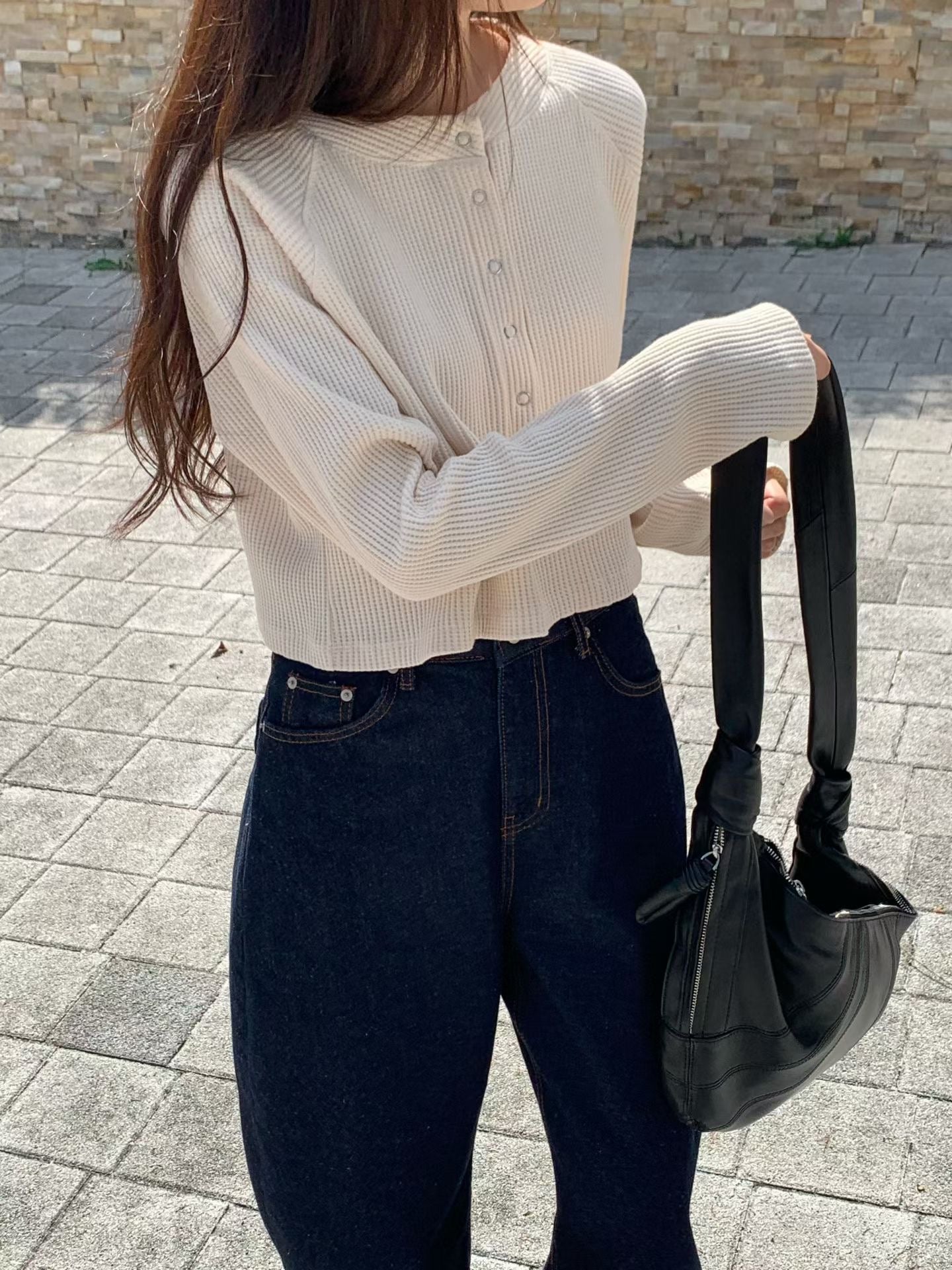 Waffle Pop Button Cropped Tee | 窩夫格格長袖Top