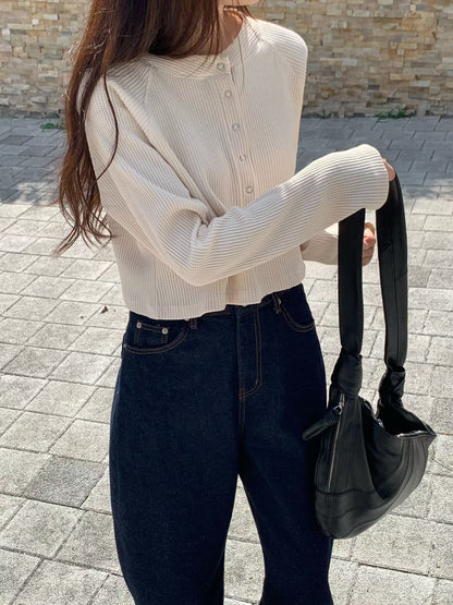 Waffle Pop Button Cropped Tee | 窩夫格格長袖Top