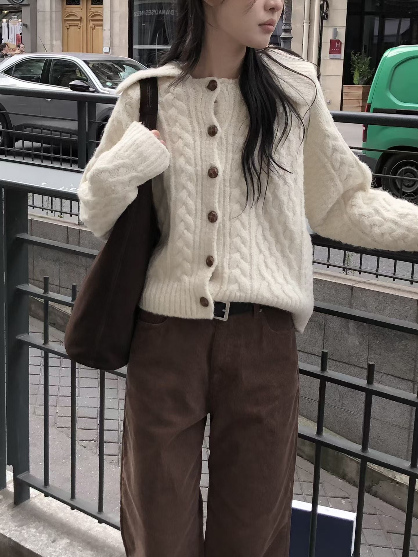 Alpaca Cable Knit Collared Cardigan | 混羊駝毛優雅麻花針織外套