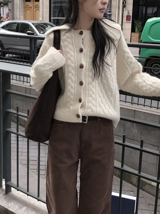 Alpaca Cable Knit Collared Cardigan | 混羊駝毛優雅麻花針織外套