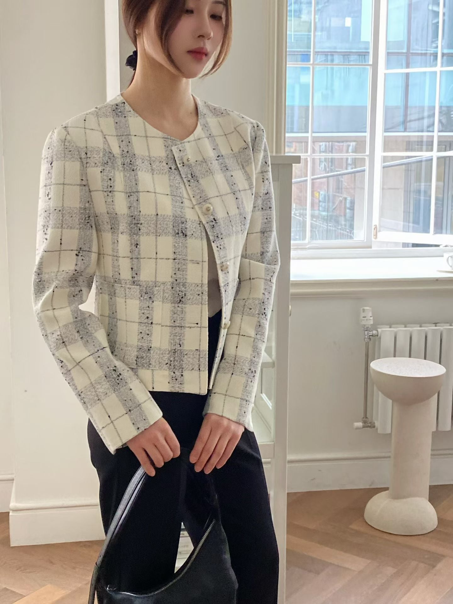 Classic Collarless Checkered Blazer | 英倫優雅風格紋外套