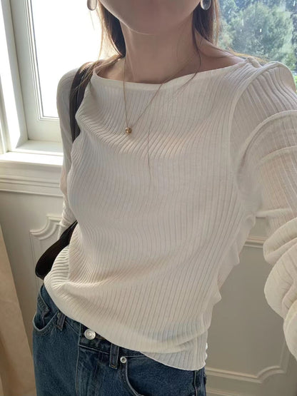 彈力直紋船領上衣 | Boatneck Soft Ribbed Tee
