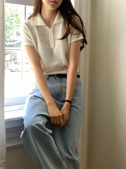 Frill Collar Lacey Tee | 滾邊細節小通花上衣￼