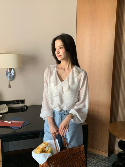 Botanical Ruffle Chiffon Blouse |  花卉荷葉邊氣質上衣