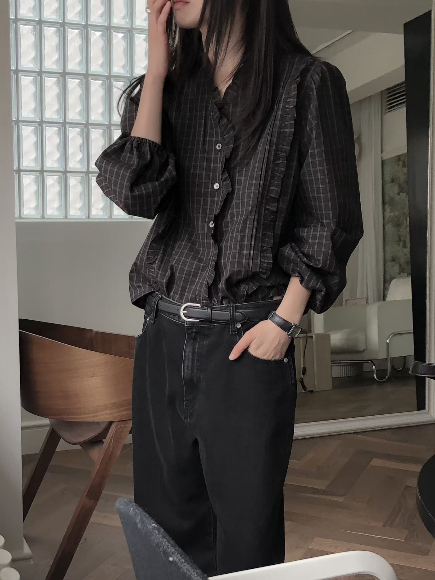 Parisian Checkered Ruffles Blouse