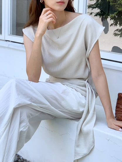 Draped Side-Tie Capped Sleeves Blouse |  垂感光澤小飛袖上衣