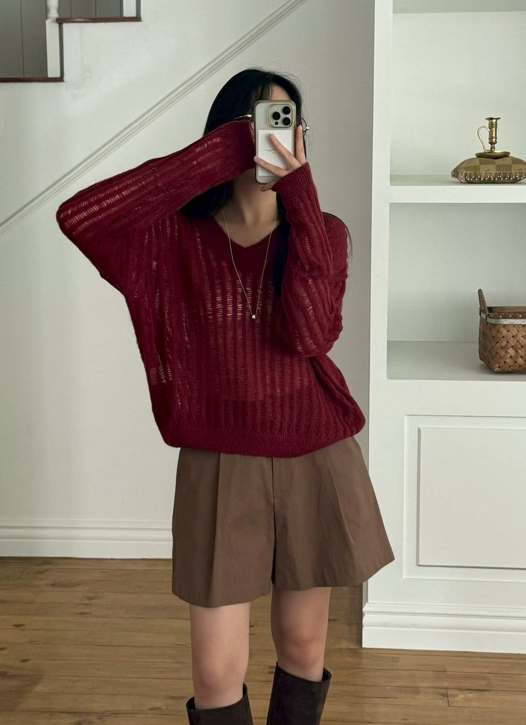 < 唯美針織> Mohair Blend V Neck Open-Knit | 鏤空V領針織上衣