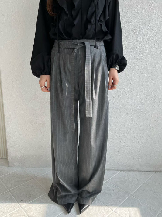 <附腰帶> Striped Straight Leg Belted Trousers | 條紋寬版直腳後橡筋長褲