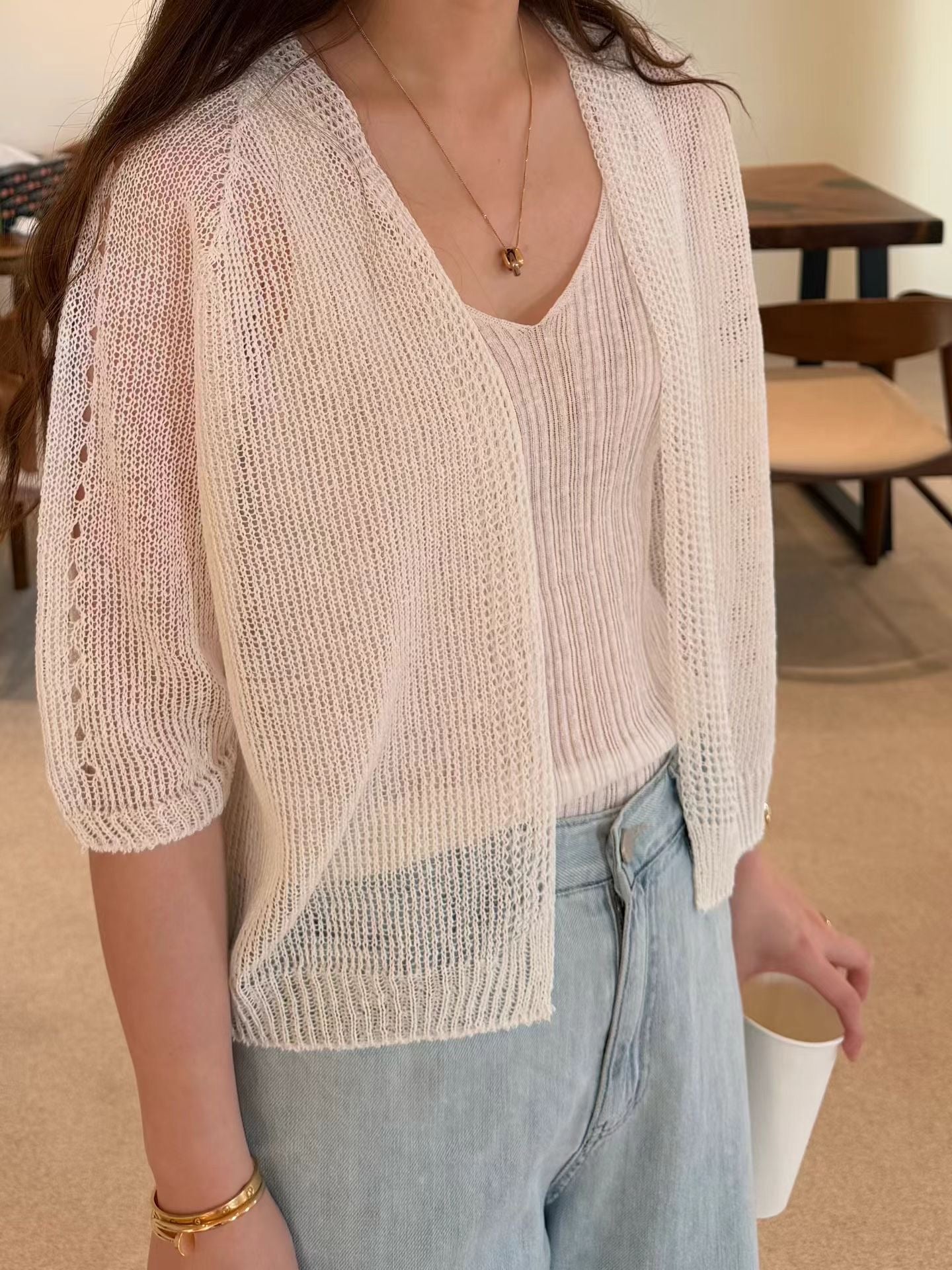 Wholegarment Crochet Sheer Linen Cardigan | 鈎織麻質開襟外套￼