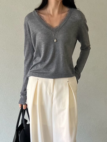Tencel Lace Detail Knit | 天絲Lace V領薄針織
