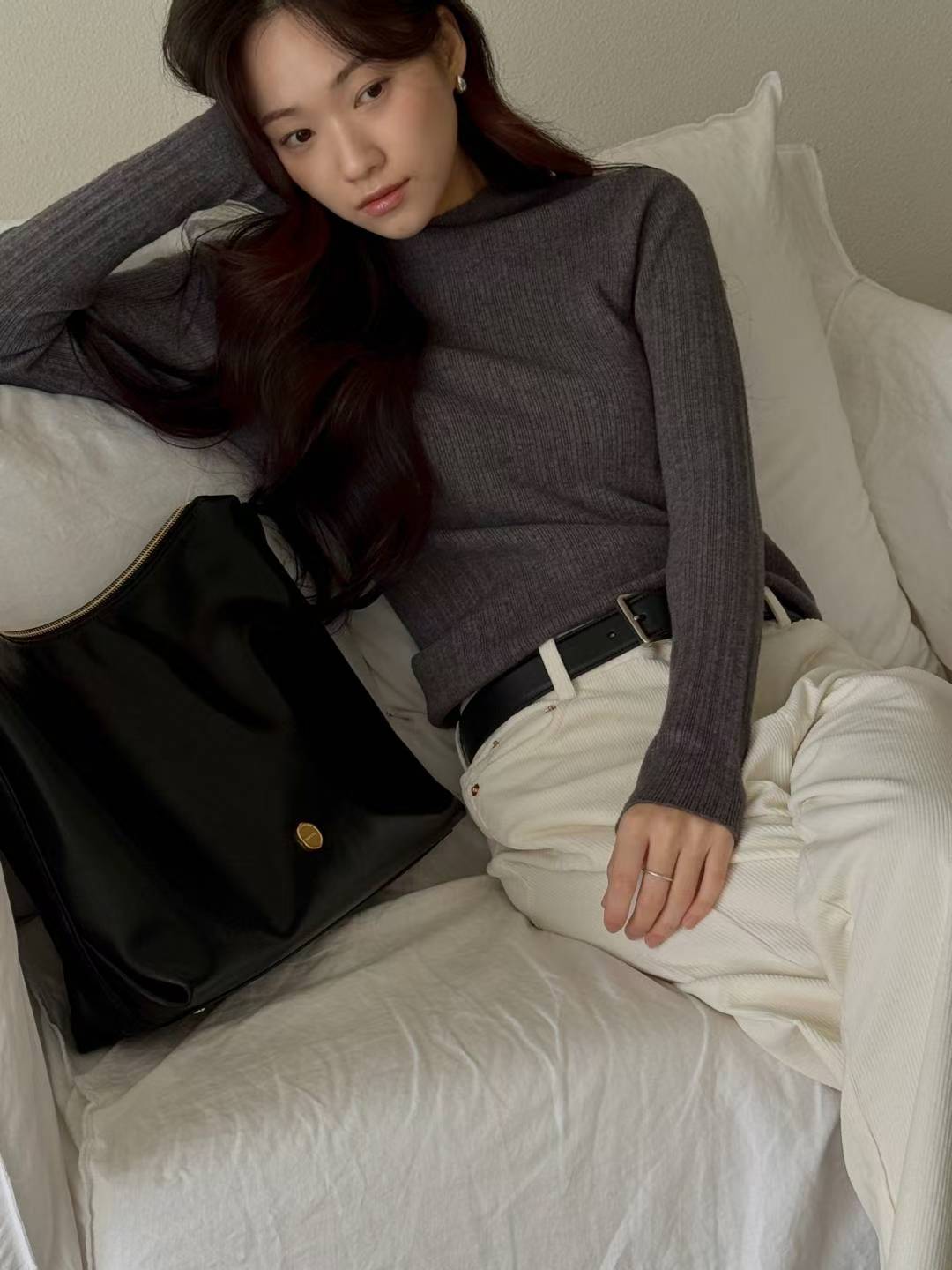 <<優美基礎Top>> Mock Neck Groovy Top | 中領暗直紋上衣