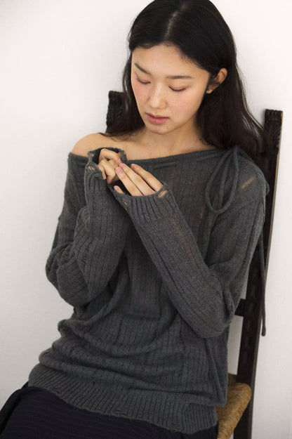 Shoulder Bow Ripped Detail Knit Top