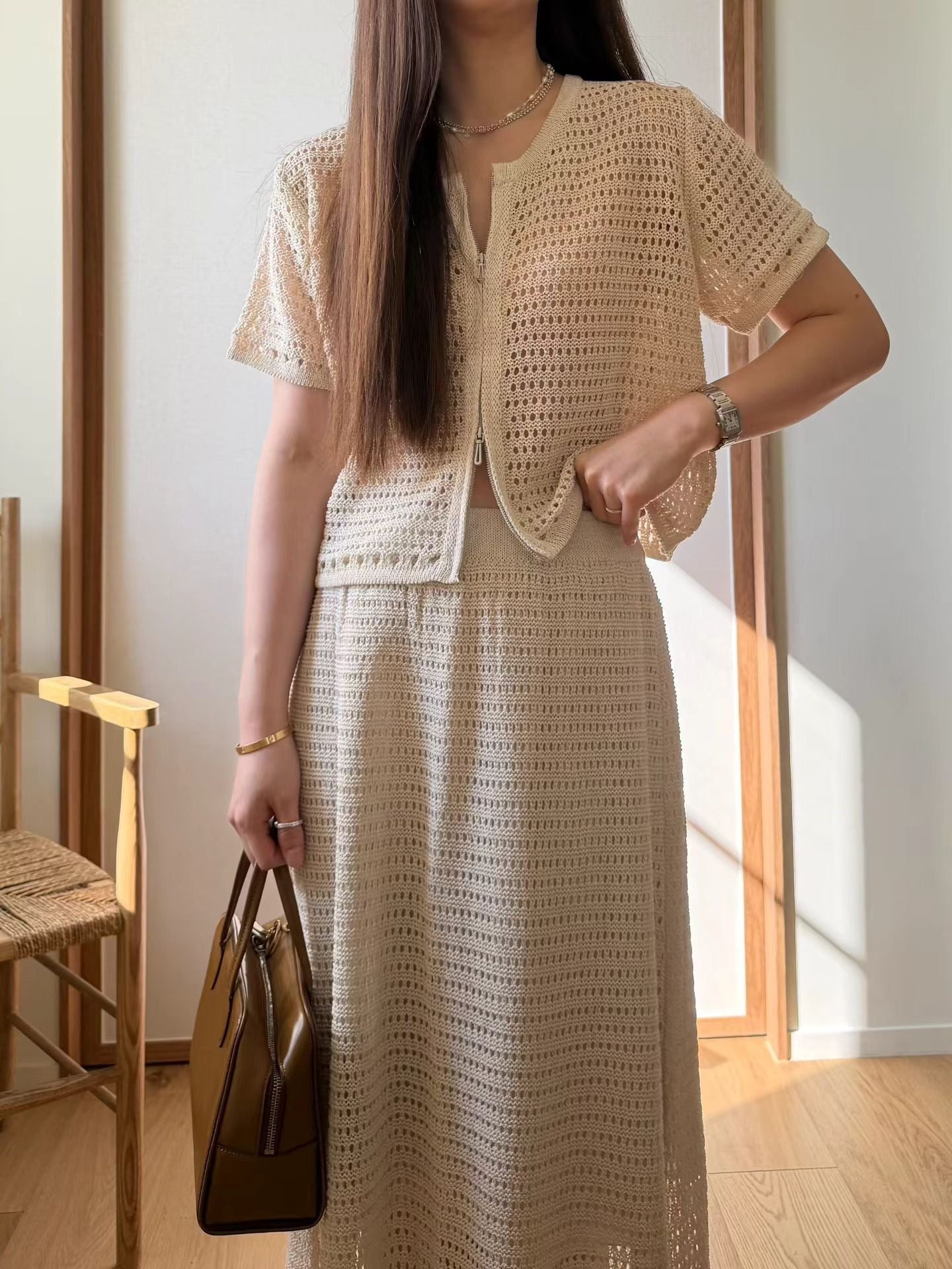 Linen Crochet Weave Zip Jacket | 麻質￼鉤針編織雙拉鍊短外套