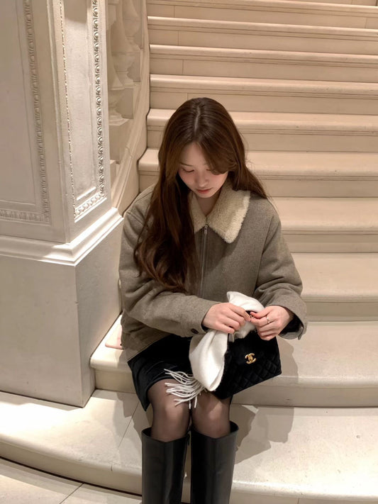 Smooth Tweed Bomber Jacket with Detachable Shearling Collar