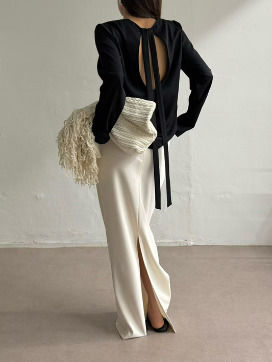暗珠光背面小心機襯衫 | Pearly Low Back Ribbon Blouse