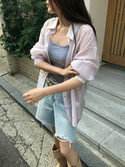 Airy Sheer Boyfriend Striped Shirt | 知性美男友風透膚條紋襯衫