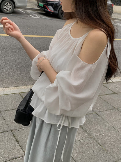 Waterfall Drape Shoulder Halter Blouse | 垂墜掛脖露肩上衣
