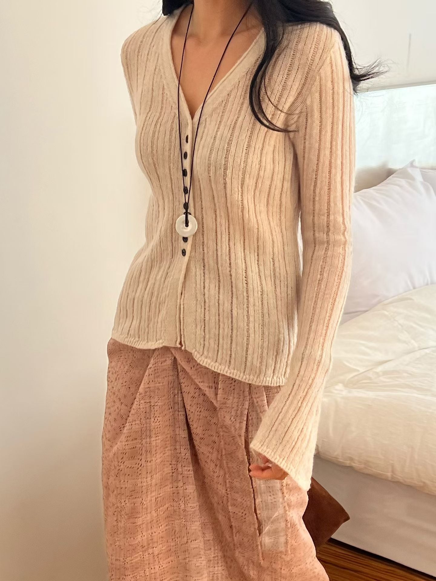 Contrast Button Detail Ribbed Cardigan