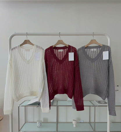 < 唯美針織> Mohair Blend V Neck Open-Knit | 鏤空V領針織上衣