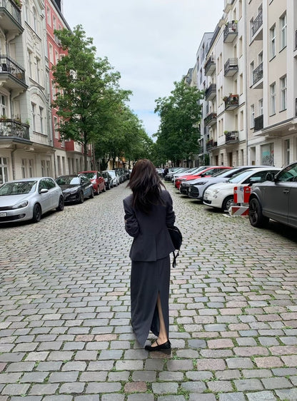 【暴美通勤風】Tailored Front Slit Maxi Skirt | 高腰開叉假兩件長裙