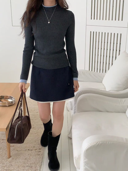 Contrast Detailing Basic Mock Neck Top | 拼色飾邊中領基礎上衣
