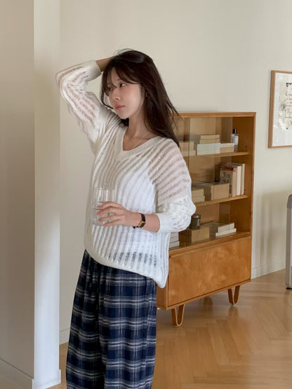 < 唯美針織> Mohair Blend V Neck Open-Knit | 鏤空V領針織上衣
