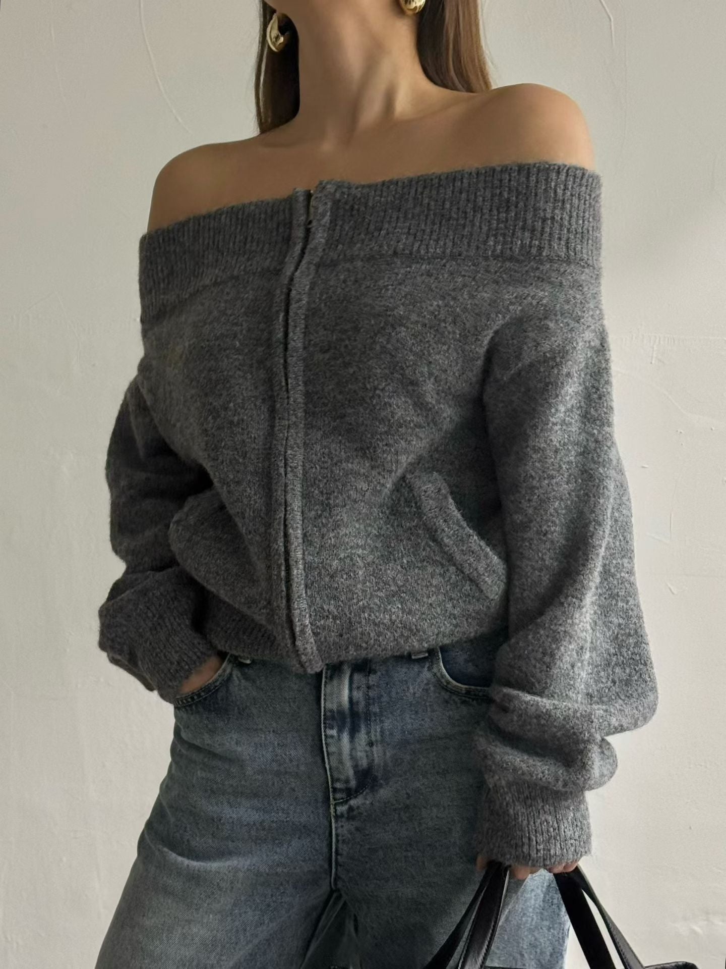 Off Shoulder Zip Up Top