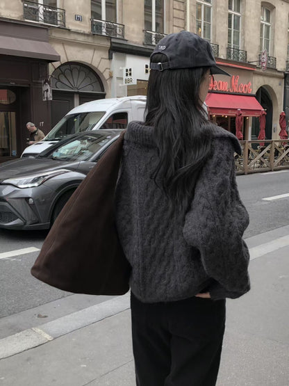 Alpaca Cable Knit Collared Cardigan | 混羊駝毛優雅麻花針織外套
