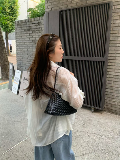 Airy Sheer Boyfriend Striped Shirt | 知性美男友風透膚條紋襯衫