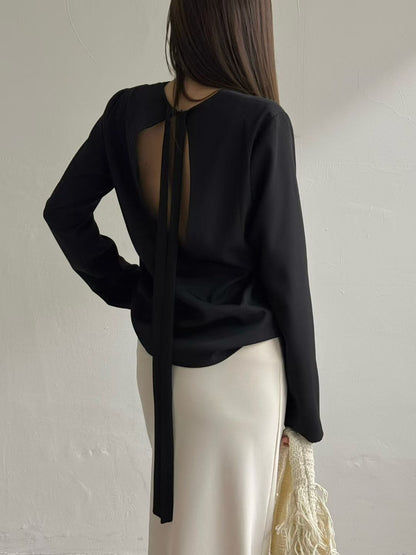 暗珠光背面小心機襯衫 | Pearly Low Back Ribbon Blouse