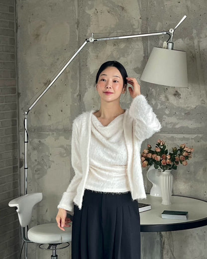 Momo Draping Set | 冬日氣氛毛毛背心外套Set