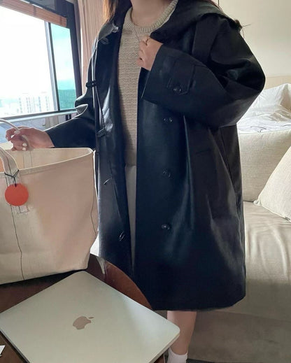 Premium - Soft Faux Leather Hooded Overcoat