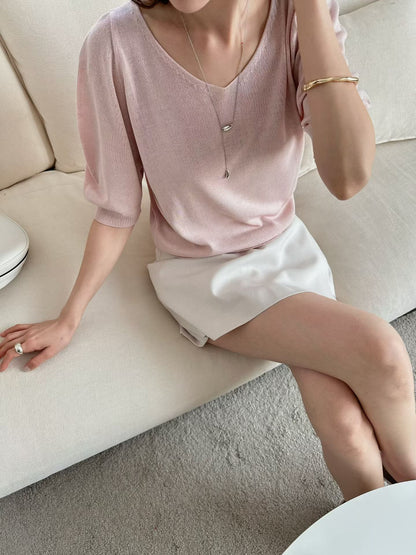 Elegant Princess Feathery Knit | 氣質微抓摺短袖薄針織