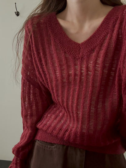 < 唯美針織> Mohair Blend V Neck Open-Knit | 鏤空V領針織上衣