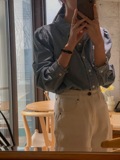 Ruffle Detail Light Denim Shirt