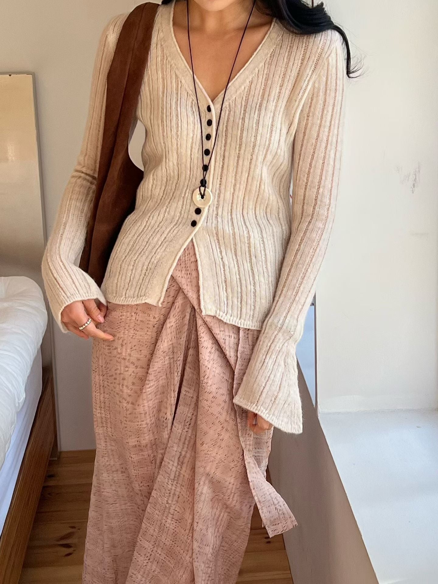 Contrast Button Detail Ribbed Cardigan