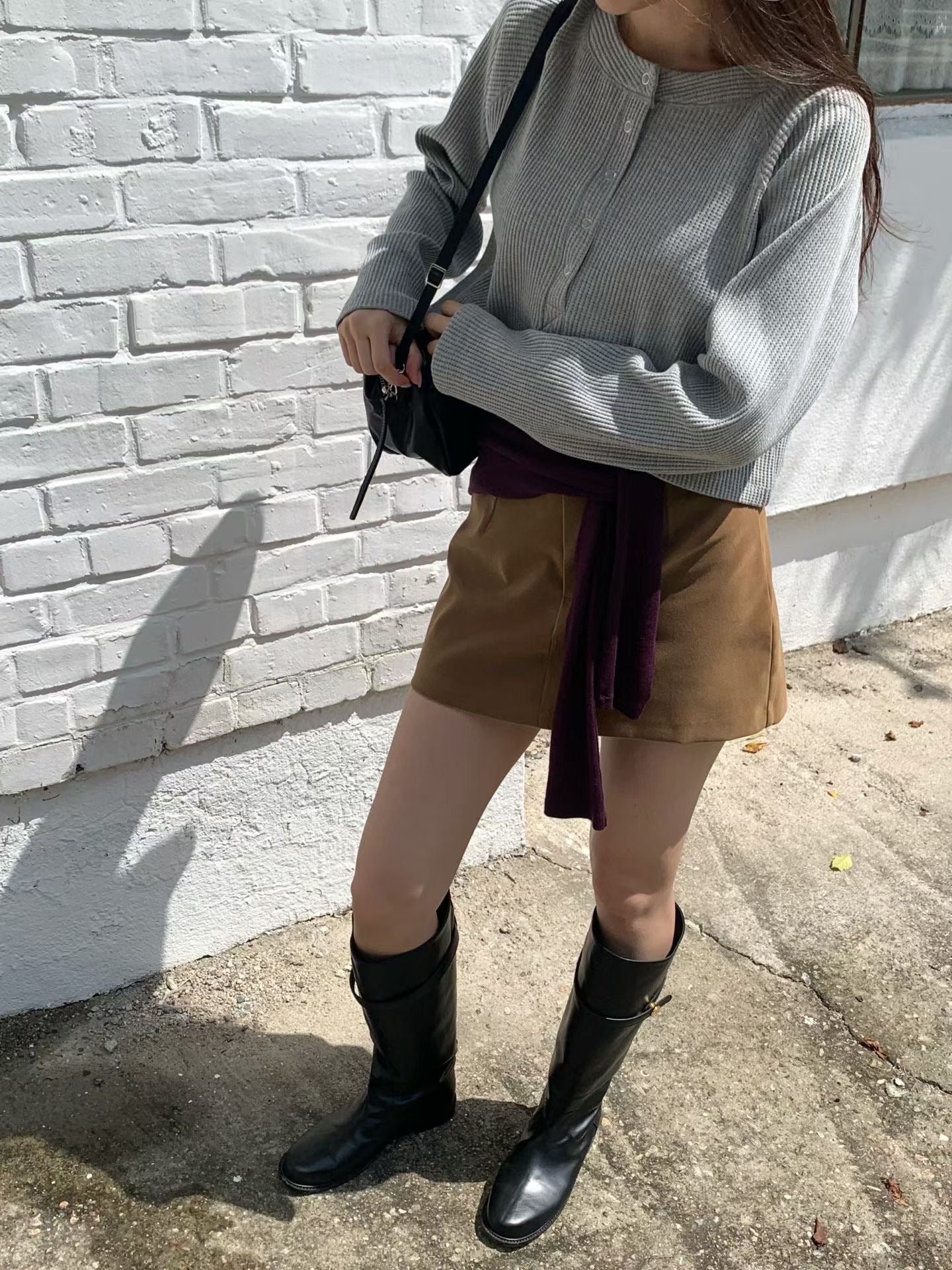 Waffle Pop Button Cropped Tee | 窩夫格格長袖Top