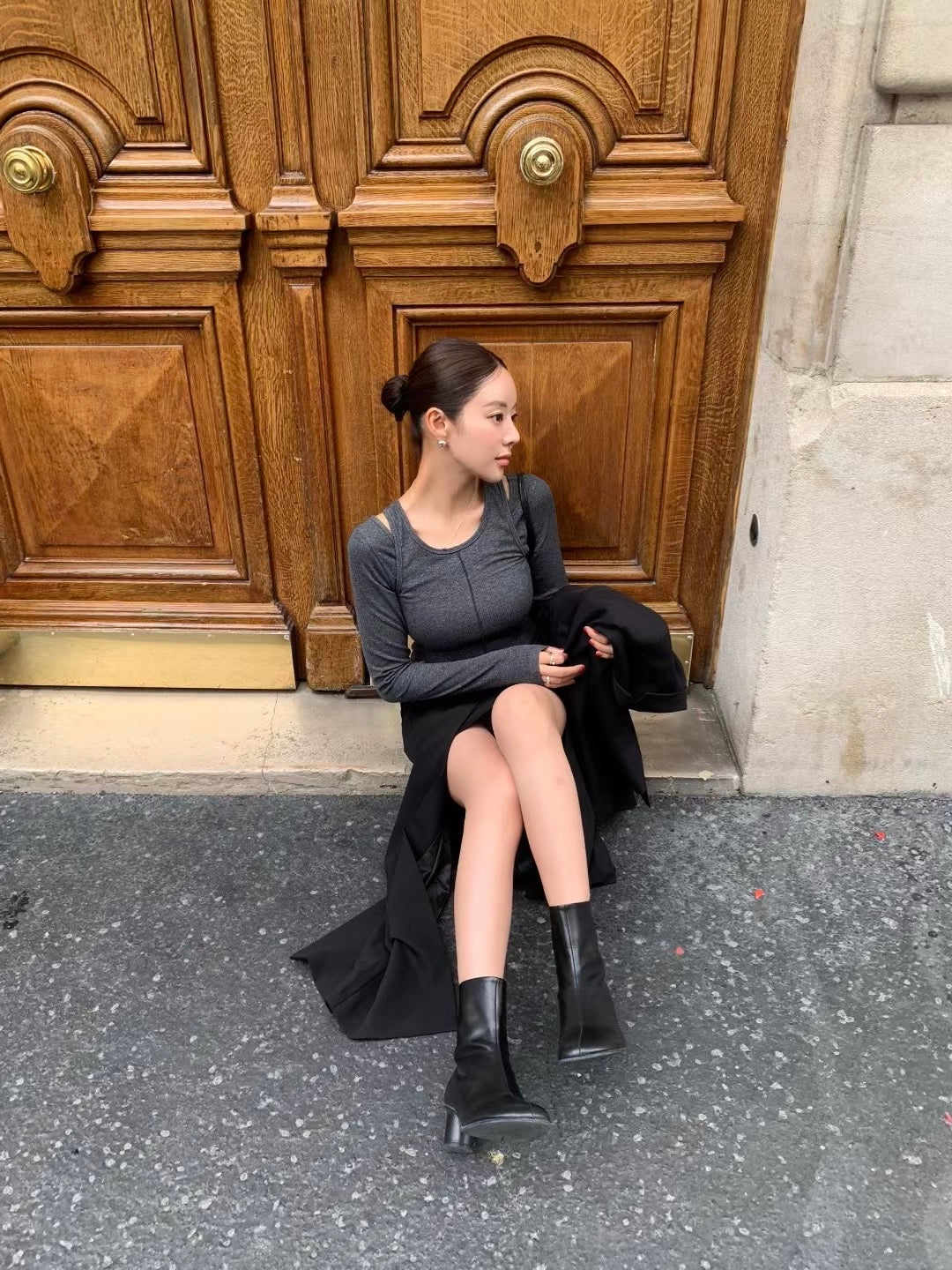 【暴美通勤風】Tailored Front Slit Maxi Skirt | 高腰開叉假兩件長裙