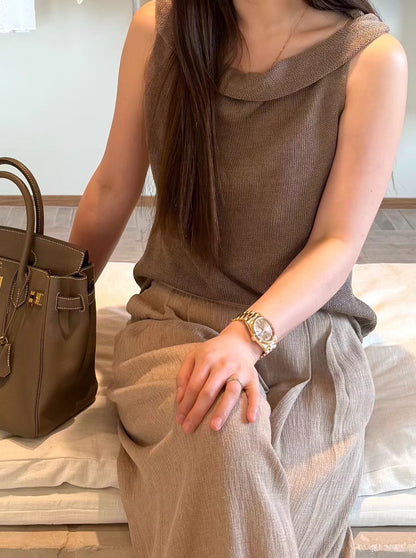 Draped Boat Neck Linen Knit Top | 垂感船領麻質背心