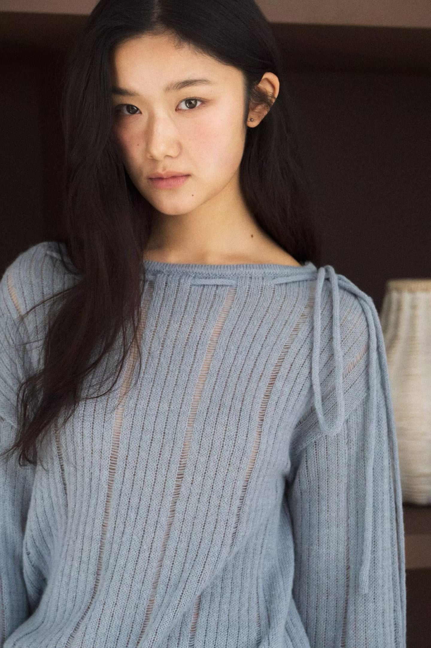 Shoulder Bow Ripped Detail Knit Top