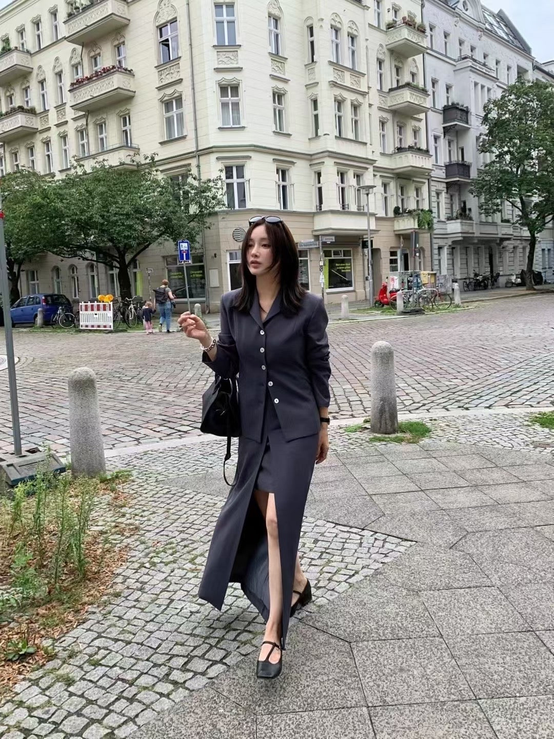 【暴美通勤風】Tailored Front Slit Maxi Skirt | 高腰開叉假兩件長裙