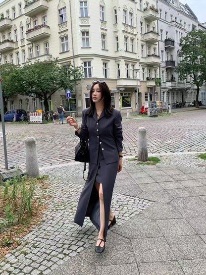 【暴美通勤風】Tailored Front Slit Maxi Skirt | 高腰開叉假兩件長裙