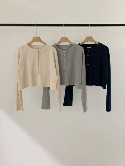 Waffle Pop Button Cropped Tee | 窩夫格格長袖Top